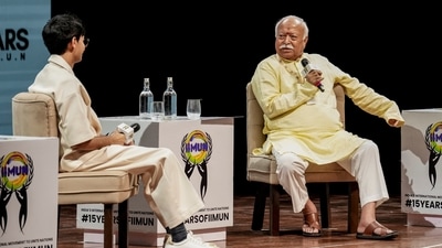 Rashtriya Swayamsevak Sangh (RSS) Sarsanghchalak Mohan Bhagwat held a session at the Nita Mukesh Ambani Cultural Centre (NMACC), Mumbai. (PTI) Rashtriya Swayamsevak Sangh (RSS) Sarsanghchalak Mohan Bhagwat held a session at the Nita Mukesh Ambani Cultural Centre (NMACC), Mumbai. (PTI)
