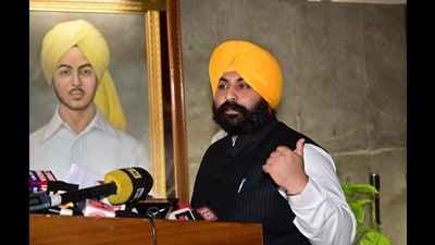 Punjab school education minister Harjot singh Bains interacting with media at Punjab Vidhan Sabha on the 4th day of monsoon session in Chandigarh on Thursday. (Ravi Kumar/HT) Punjab school education minister Harjot singh Bains interacting with media at Punjab Vidhan Sabha on the 4th day of monsoon session in Chandigarh on Thursday. (Ravi Kumar/HT)