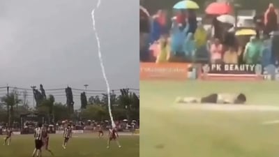 Safwan Awae, who had recently signed for Thai League 3 Southern Region side FC Yala, was struck by the lightning and collapsed instantly. Spectators and people at the ground rushed onto the field in an attempt to help him before emergency responders arrived. (X/RT India) Safwan Awae, who had recently signed for Thai League 3 Southern Region side FC Yala, was struck by the lightning and collapsed instantly. Spectators and people at the ground rushed onto the field in an attempt to help him before emergency responders arrived. (X/RT India)