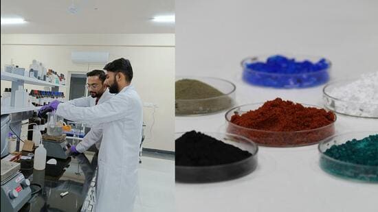 Anupam Kumar and Arvind Bhardwaj working on the extraction process; (right) extracted minerals from a battery. (Official photos)