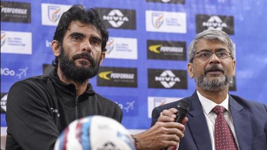 File image of All India Football Federation President Kalyan Chaubey with Indian men’s football team head coach Khalid Jamil during a press conference. (PTI)