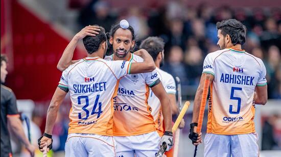 London, England - 2023 - 2024 FIH Pro League (M) 45 Germany v India (RR) Picture: Sukhjeet Singh celebrates after scoring the team’s second goal © Worldsportpics/ Will Palmer (Frank Uijlenbroek)