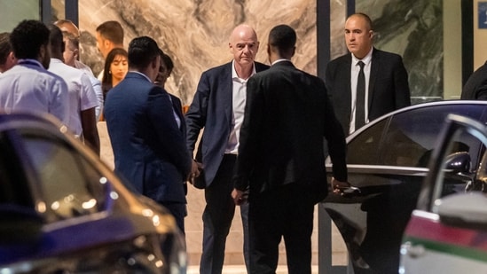 FIFA president Gianni Infantino leaves after attending a Women AFCON 2026 soccer match between Malawi and Zambia, in Rabat