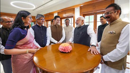 Prime Minister Narendra Modi with Rajya Sabha members. (PTI)