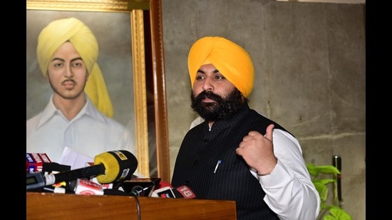 Punjab school education minister Harjot singh Bains interacting with media at Punjab Vidhan Sabha on the 4th day of monsoon session in Chandigarh on Thursday. (Ravi Kumar/HT)