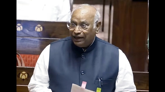 Rajya Sabha LoP Mallikarjun Kharge speaks in the Rajya Sabha during the Monsoon session of Parliament, in New Delhi on Monday. (Sansad TV)
