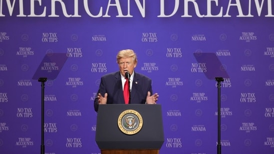 US President Donald Trump speaks during an event in Las Vegas, Nevada, US, on Wednesday, Aug. 5, 2026. Election results in Nevada could have an outsized impact this fall, determining whether President Trump is able to push legislative priorities through Congress for the second half of his term, or whether his administration will spend it mired in oversight and investigations. Photographer: Ian Maule/Bloomberg