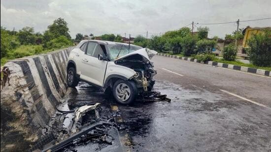 The wreckage of the car which met with an accident in Jhansi on Thursday. (PTI PHOTO)