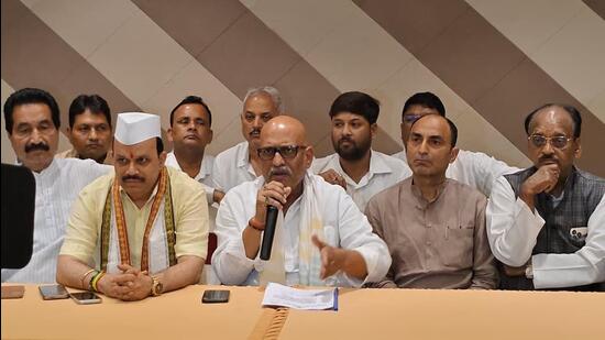 Uttar Pradesh Congress president Ajay Rai and others at a press conference in Prayagraj on Thursday. (Anil K Maurya/HT Photo)