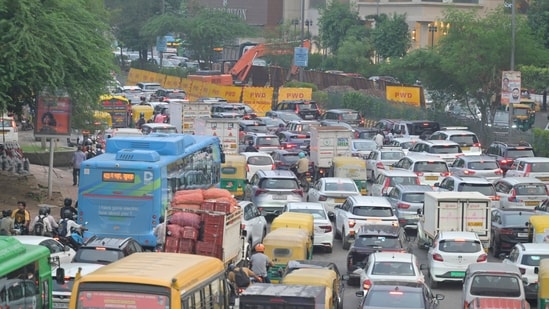 A view of a traffic jam near Okhla Metro Station on NSIC Road due to ongoing PWD Work in Delhi on Wednesday, August 5