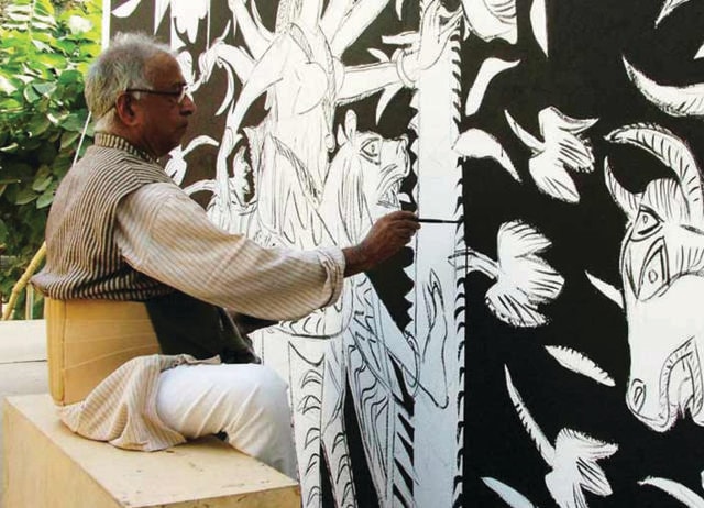 Subramanyan was already in his eighties when he re-painted all four sides of the two-storey building. Subramanyan was already in his eighties when he re-painted all four sides of the two-storey building.