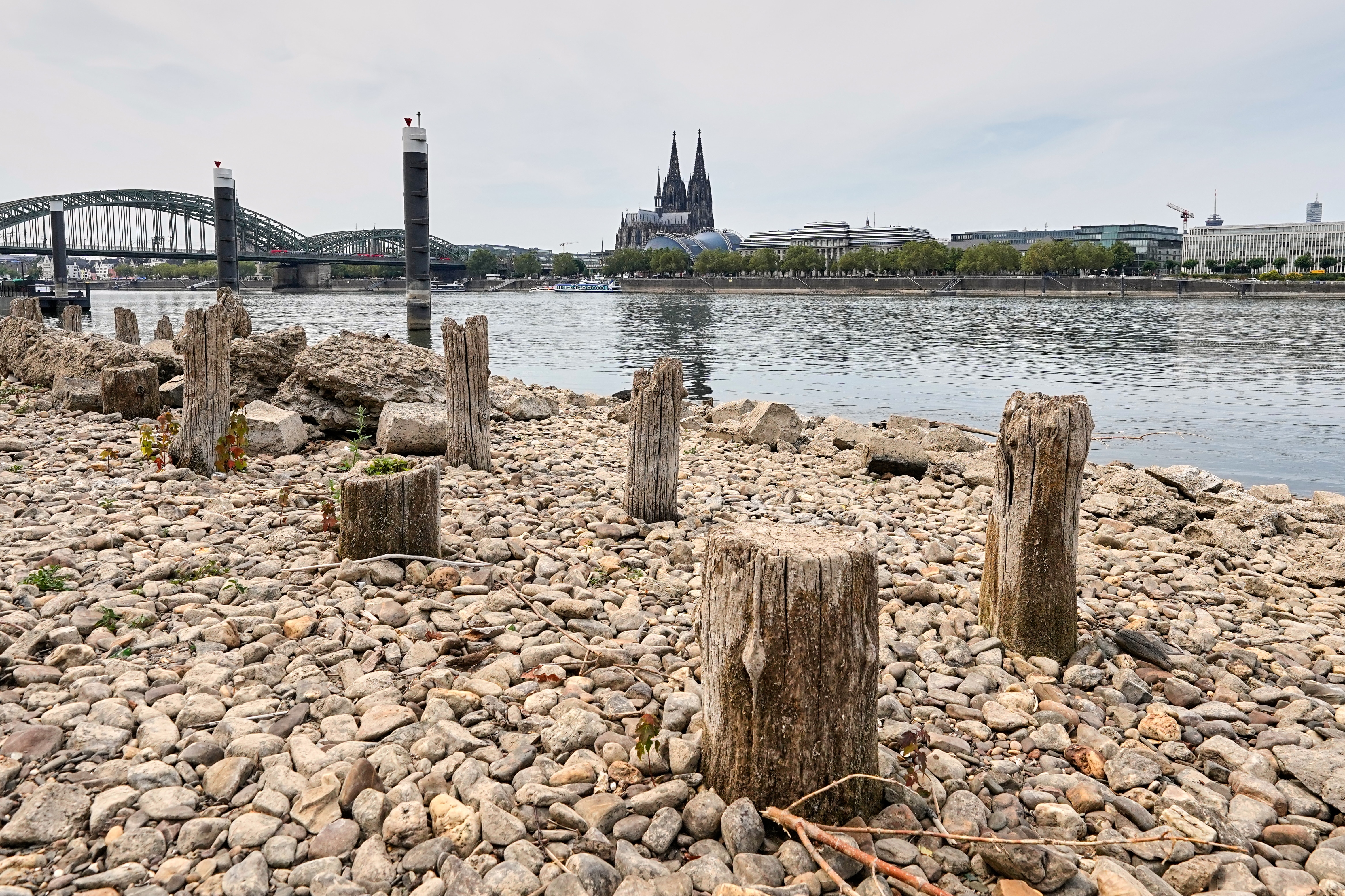 Remains of the post-World War II Patton Bridge are exposed along the Rhine River during a heat wave and a prolonged drought, across from the Cologne Cathedral in Cologne, Germany. (AP Photo/Martin Meissner) Remains of the post-World War II Patton Bridge are exposed along the Rhine River during a heat wave and a prolonged drought, across from the Cologne Cathedral in Cologne, Germany. (AP Photo/Martin Meissner)