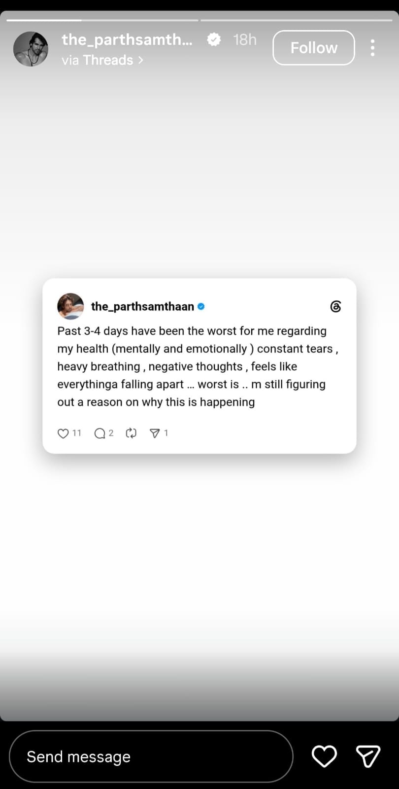 Parth Samthaan's emotional post leaves fans worried. Parth Samthaan's emotional post leaves fans worried.