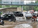 A waterlogged stretch in Gurugram on Thursday. (HT PHOTO)