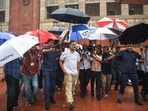 Lok Sabha LoP Rahul Gandhi leaves Parliament premises after attending the Monsoon Session amid rain, in New Delhi on Thursday.