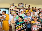 BJP legislators protest outside Jharkhand assembly in Ranchi on Thursday over examination irregularities. (HT Photo)
