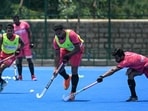 Harmanpreet Singh practising with teammates at the Sports Authority of India (SAI) centre in Bengaluru. (AFP)