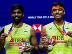 India’s Chirag Shetty (R) and Satwiksairaj Rankireddy (L) in the men’s doubles final match of the Singapore Open Badminton tournament in Singapore on May 31, 2026. (AFP)