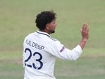 Kuldeep Yadav of India celebrates the wicket of Ahan Wickramasinghe of Sri Lanka during Day 1 of the warm-up match between Sri Lanka XI and India at the NCC Ground, Colombo, Sri Lanka, on August 7, 2026. Photo by Pankaj Nangia / CREIMAS for BCCI