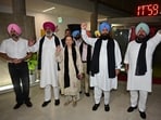 Leader of Opposition Partap Singh Bajwa, along with other Congress MLAs, protesting against the Punjab government in Chandigarh on Thursday. (Ravi Kumar/HT)