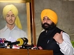 Punjab school education minister Harjot singh Bains interacting with media at Punjab Vidhan Sabha on the 4th day of monsoon session in Chandigarh on Thursday. (Ravi Kumar/HT)