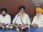 SGPC president Harjinder Singh Dhami with members addresses a press conference in Amritsar on Thursday. (Sameer Sehgal/HT)