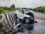 The wreckage of the car which met with an accident in Jhansi on Thursday. (PTI PHOTO)