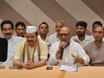 Uttar Pradesh Congress president Ajay Rai and others at a press conference in Prayagraj on Thursday. (Anil K Maurya/HT Photo)
