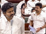 Tamil Nadu chief minister C Joseph Vijay responded to leader of the opposition and DMK leader Udhayanidhi Stalin, who raised the Cauvery issue.(PTI)