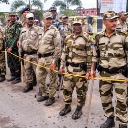 Security personnel present during a protest against the alleged irregularities of examinations conducted by Jharkhand Public Service Commission (JPSC) and Jharkhand Staff Selection Commission (JSSC) in Ranchi. 