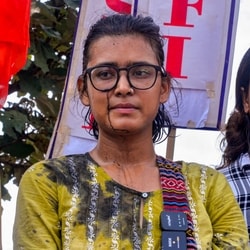 All India Student's Association (AISA) National President Neha Bora after a man threw ink on her during a protest against the alleged irregularities of examinations conducted by Jharkhand Public Service Commission (JPSC) and Jharkhand Staff Selection Commission (JSSC), in Ranch.