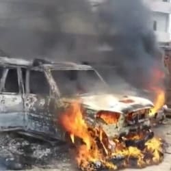 Visuals showed several vehicles on fire and policemen attempting to control the situation.