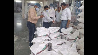 FSDA officials at a flour Lucknow flour mill recently (HT Photo)