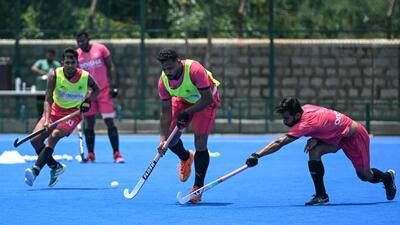 Harmanpreet Singh practising with teammates at the Sports Authority of India (SAI) centre in Bengaluru. (AFP)