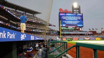 The outfield video board announces a weather delay before a game between the Toronto Blue Jays and the Philadelphia Phillies at Citizens Bank Park in Philadelphia, Pennsylvania. (Getty Images via AFP) The outfield video board announces a weather delay before a game between the Toronto Blue Jays and the Philadelphia Phillies at Citizens Bank Park in Philadelphia, Pennsylvania. (Getty Images via AFP)