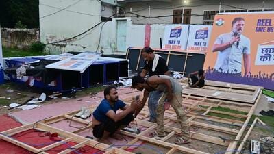 Preparations underway at the KP Trust ground in Prayagraj on the eve of the event. (HT Photo) Preparations underway at the KP Trust ground in Prayagraj on the eve of the event. (HT Photo)