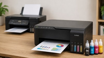 A refillable ink tank printer beside a traditional cartridge printer with printed documents. A refillable ink tank printer beside a traditional cartridge printer with printed documents.