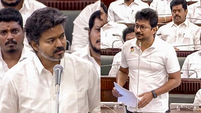 Tamil Nadu chief minister C Joseph Vijay responded to leader of the opposition and DMK leader Udhayanidhi Stalin, who raised the Cauvery issue. (PTI) Tamil Nadu chief minister C Joseph Vijay responded to leader of the opposition and DMK leader Udhayanidhi Stalin, who raised the Cauvery issue. (PTI)
