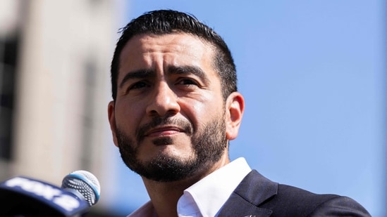 Michigan Democratic Senate primary winner Abdul El-Sayed speaks during a press conference in front of the Spirit of Detroit statue in Detroit, Michigan. (Getty Images via AFP)