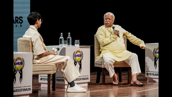 Bhagwat attempted to strike a pose that was modern yet nationalist, pragmatic yet balanced. But putting in the hard yards will require the ruling coalition to have many such conversations internally (PTI)