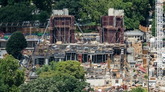 Construction on the new ballroom extension of the White House in Washington, DC.