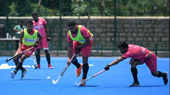 Harmanpreet Singh practising with teammates at the Sports Authority of India (SAI) centre in Bengaluru. (AFP)