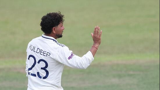 Kuldeep Yadav of India celebrates the wicket of Ahan Wickramasinghe of Sri Lanka during Day 1 of the warm-up match between Sri Lanka XI and India at the NCC Ground, Colombo, Sri Lanka, on August 7, 2026. Photo by Pankaj Nangia / CREIMAS for BCCI
