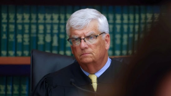 Judge William Sullivan listens to testimony during the murder trial of Lindsay Clancy at Plymouth Superior Court, in Plymouth, Massachusetts.