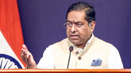 Ministry of External Affairs (MEA) Spokesperson Randhir Jaiswal addresses a press briefing, in New Delhi.