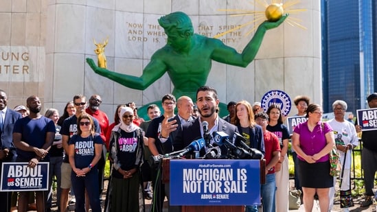 Michigan Democratic Senate primary winner Abdul El-Sayed speaks during a press conference in front of the Spirit of Detroit statue.