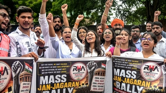 Demonstrators take part in Reservation Hatao Andolan (RHA) Jan-Jagran Rally organised near Vidhan Bhawan in Nagpur, Maharashtra