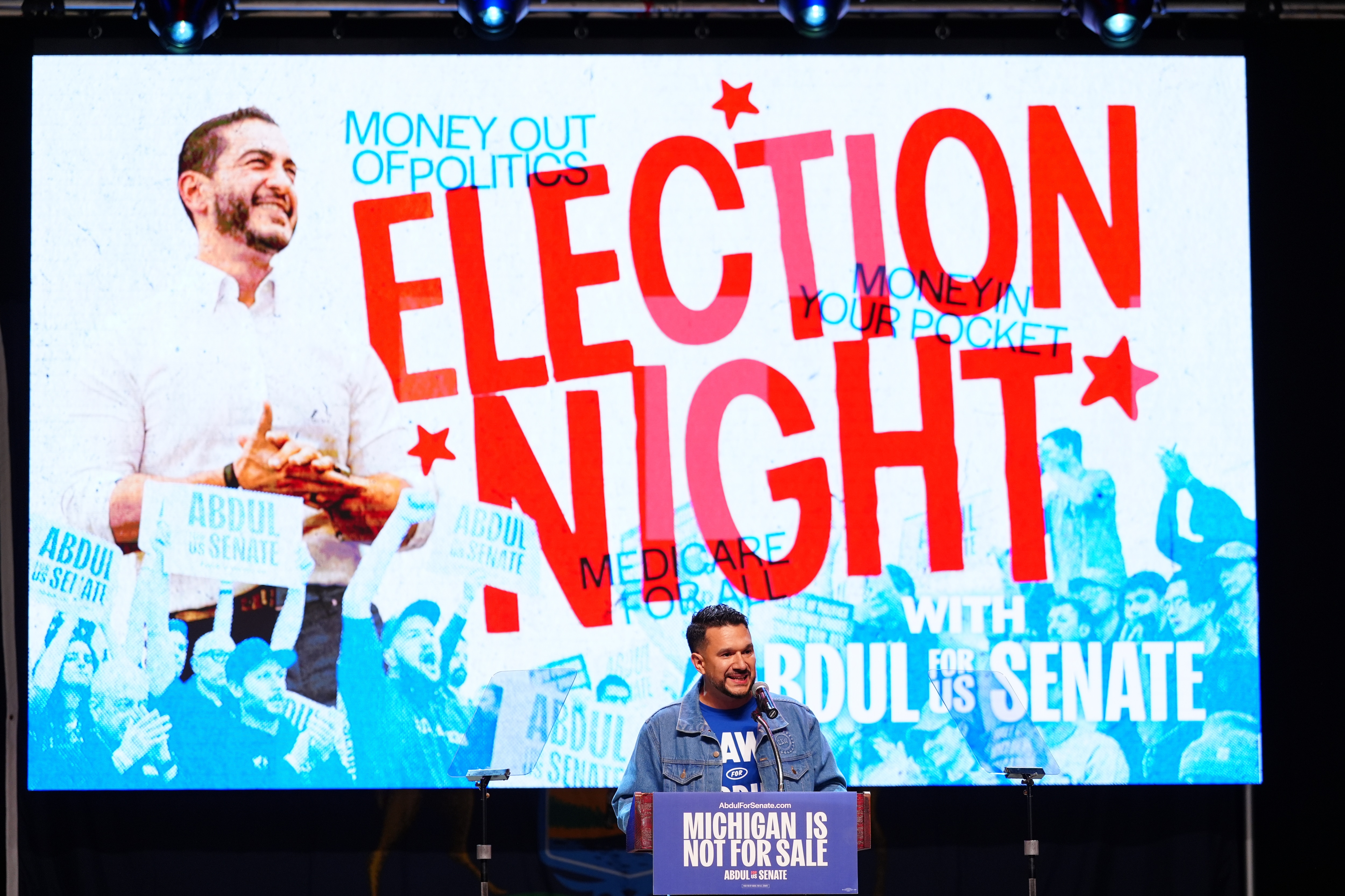 United Auto Workers Michigan Political Director Art Reyes III speaks during a primary election night event for Abdul El-Sayed, a progressive candidate in the Democratic primary for U.S. Senate in Michigan, Tuesday, Aug. 4, 2026, at the Majestic Theatre in Detroit. (AP Photo/Julia Demaree Nikhinson) (AP Photo/Julia Demaree Nikhinson)