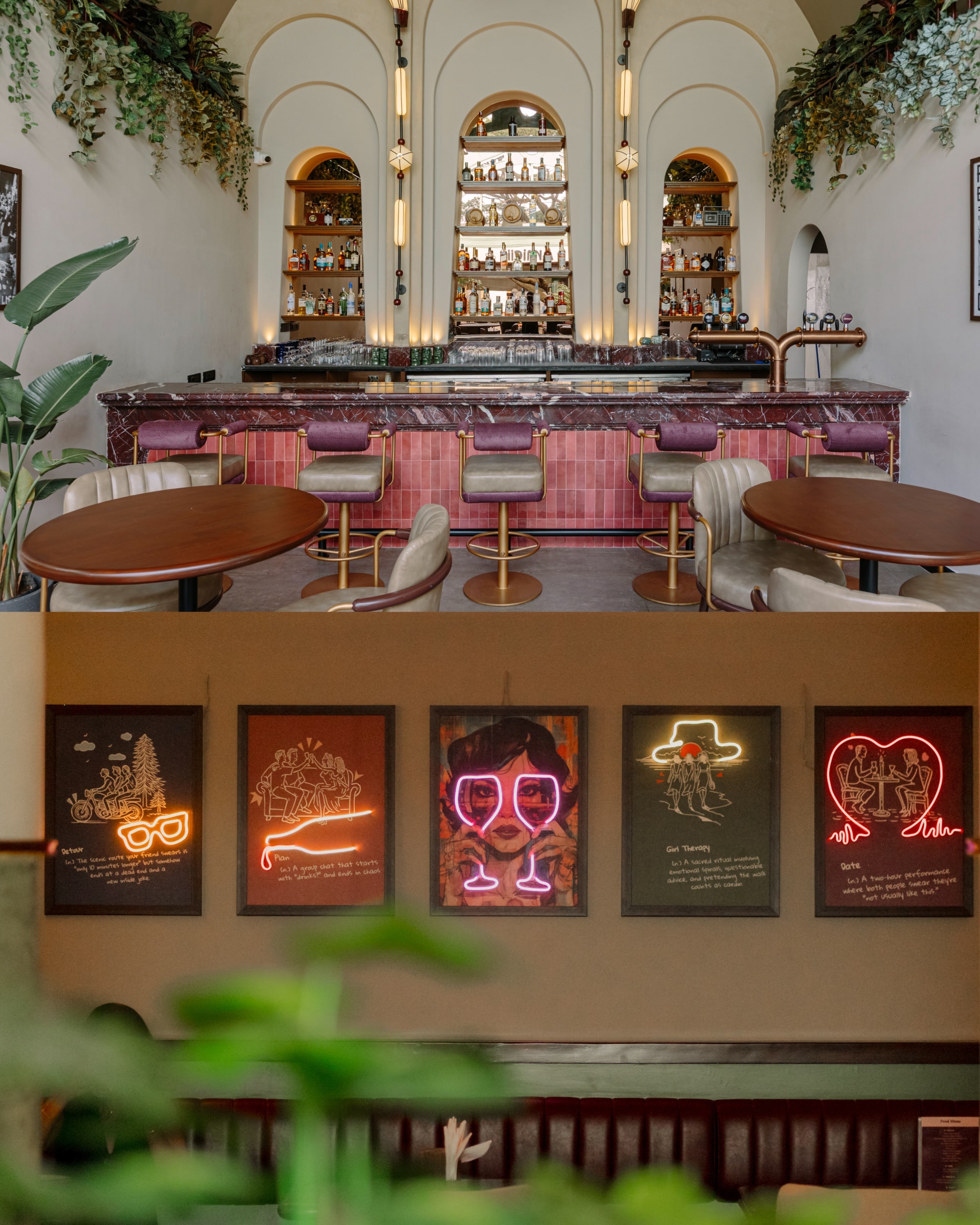 Backlit arched alcoves meet a fluted pink tile bar counter, while on the first floor, glowing neon-outlined graphic posters set a moody, playful tone. Backlit arched alcoves meet a fluted pink tile bar counter, while on the first floor, glowing neon-outlined graphic posters set a moody, playful tone.