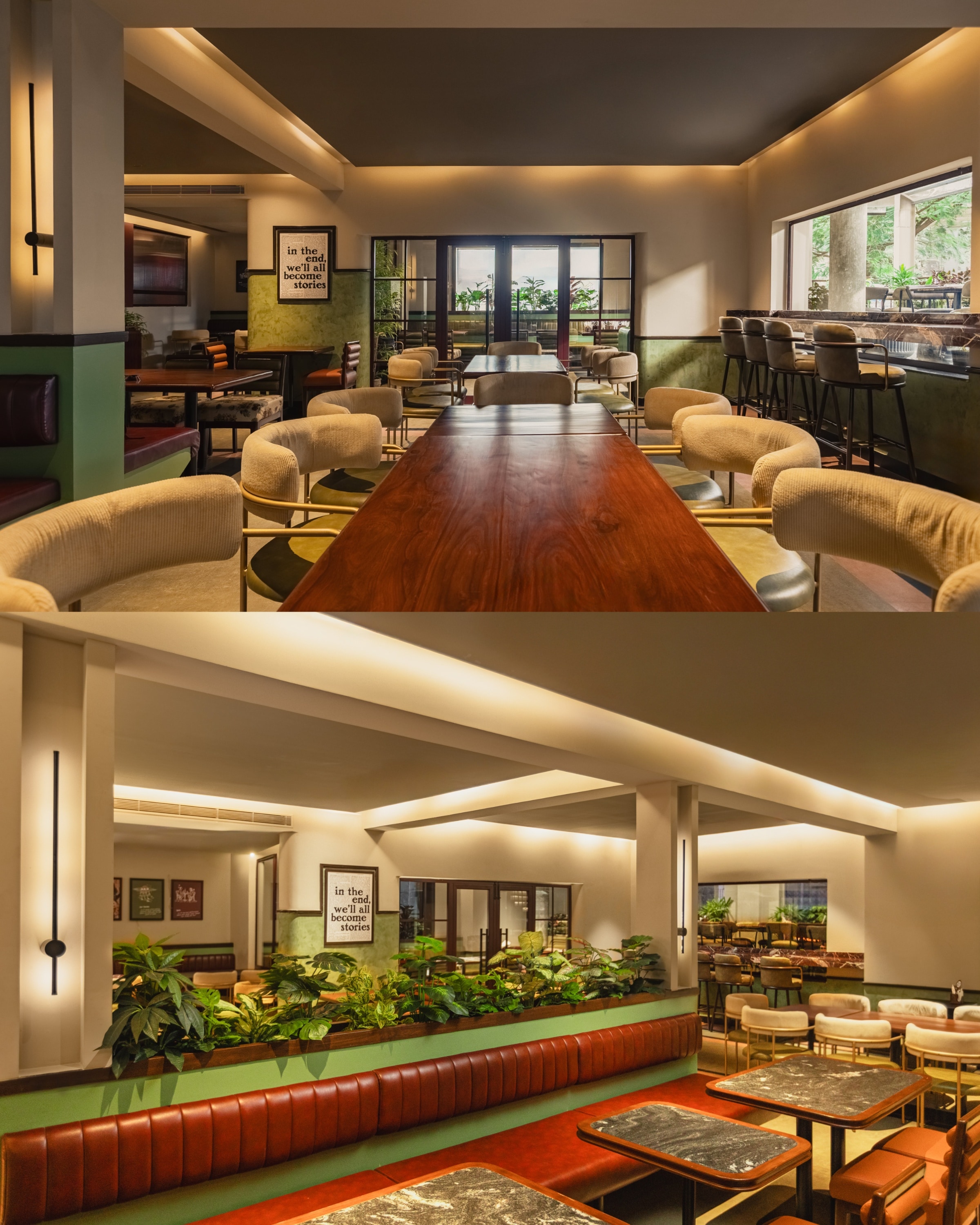 Banquettes, planter beds, and long communal tables create cosy vibes anchored by retro framed typography on walls. Banquettes, planter beds, and long communal tables create cosy vibes anchored by retro framed typography on walls.